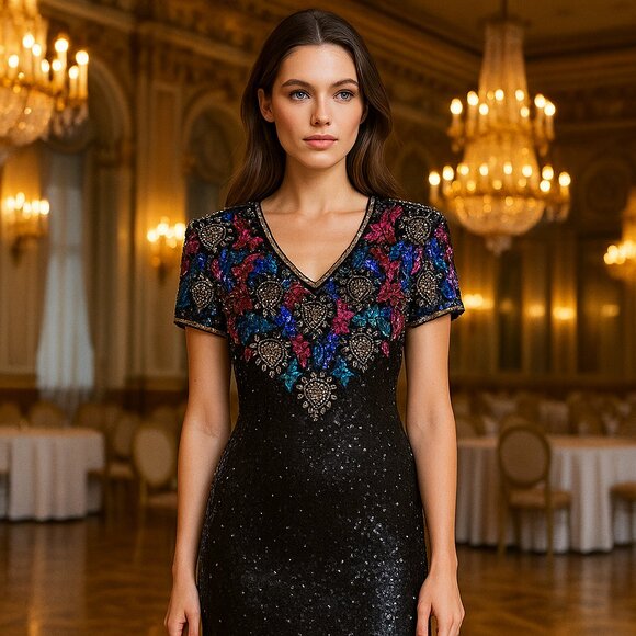 VTG Mark & John Beaded Sequins 100% Silk Cocktail Dress with Sweetheart Neckline - Picture 16 of 16